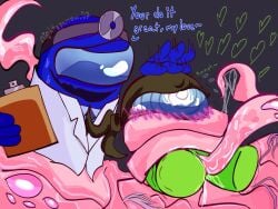 2boys ambiguous_gender ambiguous_penetration among_us among_us_(series) among_us_blue bandana blue_(among_us) blush covering_mouth cum dialogue doctor gay heart hearts impostor_(among_us) lime_(among_us) monster muffled muffled_moaning patting_head precum tentacle tentacle_penetration tentacle_penis tentacle_sex tentacles yaoi