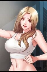 blonde midriff sleeveless tank_top teary_eyes toned_body