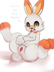 1girls 2019 3_toes absurd_res anthro anthrofied ass big_ears buckteeth dialogue english_text feet female female_only feral flat_chest fur furry furry_only hi_res inviting lagomorph legs_up leporid long_ears looking_at_viewer mammal naked nintendo no_nipples nude open_mouth orange_eyes orange_fur oumseven paws pokémon_(species) pokemon presenting presenting_pussy pussy scorbunny solo spread_legs spreading tail teeth text thick_thighs video_games white_fur wide_hips