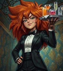 1girl 1girls ai_generated black_pants bow_tie bowtie buttons clothed clothed_female drinks female female_focus female_only fingerless_gloves formal formal_clothes from_below gloves hand_on_hip holding holding_object holding_tray indoors inside jacket looking_at_viewer nomad_of_nowhere pants red_hair rooster_teeth shirt skout smirk solo solo_female solo_focus suit suit_and_tie suit_jacket tie tray tuxedo uniform waitress waitress_outfit waitress_uniform white_shirt zupern0va_(manipper)