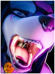 1girl 3d 3d_art 3d_render black_rimmed_glasses braces canine choker collar explicit female furry furry_female giantess glasses highres inside_mouth kaylafox lip_piercing looking_at_viewer looking_down macro micro mouth_piercing open_mouth oral_vore pov raven_(kaylafox) saliva septum_piercing sharp_teeth smiley_face solo spit swallowed swallowing teeth throat tongue uvula visiuun vore white_fur wolf