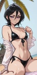 1girls ai_generated bare_shoulders beach bikini black_hair bleach calm collarbone female front-tie_bikini_top half-closed_eyes kneeling long_sleeves looking_at_viewer molamaxuy navel on_towel open_shirt outdoors palm_tree pulling_own_clothes purple_eyes rukia_kuchiki see-through sexy_pose short_hair side_tie_bikini_bottom skinny small_breasts solo strap_pull tropical wariza white_skin