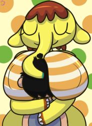 2021 animal_crossing breast_smother breast_squeeze eloise_(animal_crossing) face_between_breasts hugging klutzatdusk larger_female nintendo villager_(animal_crossing)