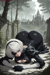 1girl ai_generated ass black_blindfold black_dress black_gloves blindfold boots breasts cleavage cleavage_cutout covered_eyes dress feather-trimmed_sleeves feather_trim gloves grass hairband hi_res high_quality high_resolution juliet_sleeves kiraamane leotard long_sleeves mole mole_under_mouth nier:_automata outdoors patreon puffy_sleeves ruins seductive sexy short_hair silver_hair solo sword thighhighs tree uncensored watermark yorha_2b yorha_no._2_type_b