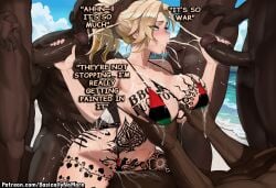1girl ai_generated anime artist:basicallynomore blacked blowjob dark-skinned_male dark_skin female gangbang interracial interracial_sex looking_at_viewer mercy mercy_(overwatch) multiple_boys multiple_males multiple_penises overwatch pan-african_flag_bikini pan_african_colors penis penis_in_ass penis_in_pussy pubic_tattoo qos qos_tattoo queen_of_spades queen_of_spades_symbol queen_of_spades_tattoo tattoo tattoos text white_skin