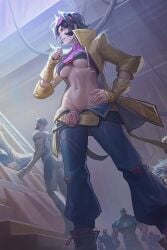 black_hair blue_jeans chinese chinese_female edit edited edited_screencap jacket jeans jubilee jubilee_(marvel_rivals) marvel marvel_rivals midriff midriff_baring_shirt pussy_peek sunglasses sunglasses_on_head vampire vampire_girl x-men yellow_jacket
