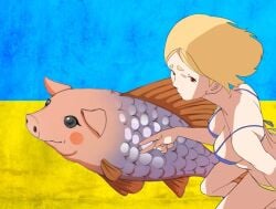 attractive azov_chan beautiful bikini blonde blonde_female blonde_hair creature cute looking_at_viewer looking_back marichka pigfish ukrainian ukrainian_flag ukrainian_flag_bikini ukrainian_girl v_gesture