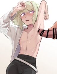 1femboy 2boys androgynous anon anonymous_male armpit_fetish armpits aus_vaka blonde_hair blush blushing bob_cut cum cum_on_armpit cum_on_body embarrassed femboy femboy_focus feminine_faced_male feminine_male lio_fotia nervous nipples petite petite_body petite_male promare short_hair short_male shy slim slim_male slim_waist solo_focus sweat sweatdrop sweating thin_waist tight_clothing tight_pants twink
