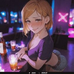 1girl ai_generated alcohol belt blush breasts brown_belt brown_eyes brown_hair cleavage crop_top cup denim denim_shorts frenzyai jujutsu_kaisen kugisaki_nobara leaning_forward looking_at_viewer shirt short_hair short_shorts short_sleeves shorts smile solo
