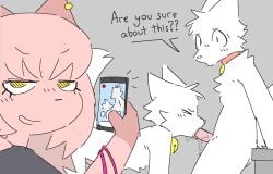 anthro blush bracelet canine chelsea_(millislushi) chest_tuft clothed_female collar erection eyelashes eyes_closed facial_tuft fellatio female fluffy fox grin humanoid_genitalia humanoid_penis long_hair looking_at_another looking_at_viewer male male/male millislushi nude nude_male oral oral_sex pink_fur pink_hair precum recording recording_video saliva smile talking_to_another white_fur wolf yellow_eyes