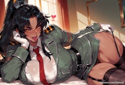 1girl ai_generated balecxi black_hair dark_skin garter_straps heart huge_breasts long_hair looking_at_viewer lying military_uniform mirabell_bell panties ponytail red_necktie shirt skirt solo taimanin_(series) taimanin_asagi_battle_arena taimanin_rpgx thick_thighs thighhighs tongue tongue_out underwear white_gloves