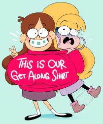 2girls big_breasts blonde_hair braces breasts brown_hair choking clothed clothing disney disney_channel female get_along_shirt gravity_falls grin huge_breasts human humor light-skinned_female long_hair mabel_pines ota_(artist) pacifica_northwest shirt shortstack skirt v_sign