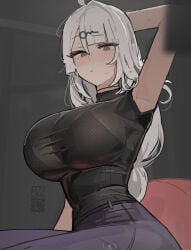1girls 2026 2d 2d_(artwork) armpits artist_name azz0422 big_breasts boobs breasts clothed clothing color colored curvy curvy_female curvy_figure digital_media_(artwork) female female_only fully_clothed grey_background hair hi_res hoyoverse large_breasts long_hair looking_at_viewer mihoyo one_arm_behind_head qr_code simple_background solo sweat sweatdrop tits video_game_character video_games white_hair yixuan_(zenless_zone_zero) zenless_zone_zero
