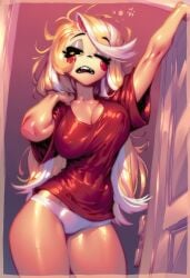 1girls ai_generated bare_legs bare_thighs big_breasts blonde_hair charlie_morningstar_(hazbin_hotel) clothed clothing color female female_focus female_only gigiti hazbin_hotel hi_res large_breasts nipple_bulge panties shirt slim_waist solo solo_female tagme thick_thighs trogiai waking_up