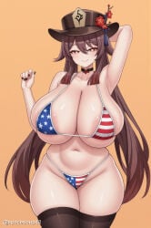 1girl ai_generated alternate_breast_size american_flag american_flag_bikini areola_slip arm_up armpits bikini black_nails black_thighhighs breasts brown_hair choker collarbone curvy flag_print flower flower-shaped_pupils genshin_impact hair_between_eyes hat hat_flower hu_tao_(genshin_impact) huge_breasts large_areolae long_hair looking_at_viewer micro_bikini navel plum_blossoms porkpie_hat print_swimsuit red_eyes simple_background skindentation smile solo star_(symbol) stomach swimsuit symbol-shaped_pupils thick_thighs thighhighs thighs twintails underboob very_long_hair wide_hips