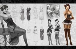 1940s 40s breasts burlesque cigarette cleavage_cutout concept_art corset dress elbow_gloves female female_only fishnet_legwear fishnet_stockings fishnets garter_straps glows gun history medium_breasts official_art pandemic_studios sketch stockings the_saboteur