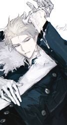 1boy absurdres blonde_hair blue_eyes blue_jacket cum cum_on_body cum_on_clothes facial fate/strange_fake fate_(series) fur-trimmed_jacket fur_trim gloves hair_slicked_back highres jacket long_sleeves male male_focus male_only metama orlando_reeve parted_lips scar scar_on_face scar_on_forehead short_hair simple_background solo sweatdrop upper_body white_background white_gloves