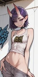 1girls ai_generated bracelet choker city demon_horns fate_(series) female graffiti groin hand_on_hip head_tilt horns looking_at_viewer midriff molamaxuy navel oni outdoors pointy_ears pulling_own_clothes pulling_pants_down purple_eyes purple_hair sexy short_hair shuten_douji_(fate) skinny small_breasts smile solo standing sweatpants tank_top teasing urban wall