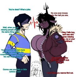 1girl 2boys antlers arguing asriel_dreemurr big_breasts breasts deer deer_girl deltarune dess_holiday edit goat_boy huge_breasts jacket