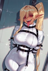 1girl 1girls ai_generated arms_behind_back balecxi belt belt_buckle black_belt blonde_hair bodysuit bound bound_arms breasts buckle chain cloe_(kuroinu) clothing collar covered_navel cowboy_shot curvaceous curvaceous_female curvaceous_figure curvy curvy_figure dark-skinned_female dark_skin elf fangs female female_focus forked_tongue hair_between_eyes kuroinu_~kedakaki_seijo_wa_hakudaku_ni_somaru~ large_breasts long_hair long_tongue looking_at_viewer open_mouth pointy_ears ponytail red_eyes restrained saliva sharp_teeth side_ponytail smile solo straitjacket teeth thick_thighs thighs tongue tongue_out very_long_hair voluptuous voluptuous_female white_bodysuit wide_hips