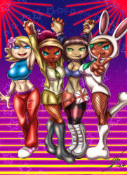 4girls armpits arms_up artist_signature ass ass_cleavage ass_crack ass_focus ass_up belly belly_button belly_piercing blonde_female blonde_hair bunny_costume bunny_ears bunny_girl bunnysuit caddicarus_(series) choker choker_collar dark_skin dark_skinned_female ear_piercing earrings eyetoy_play fat_ass female fishnet_legwear fishnet_pantyhose fishnet_stockings fishnets handbag headband high_boots holding_hands jacket jacket_open kieu large_ass large_breasts large_butt large_thighs leather_boots looking_at_viewer looking_back obscure_character one_leg_raised one_leg_up only_female only_girl only_girls peace_sign playstation_2_eyetoy qt souleatersaku90 tounge_out tounge_piercing yumi