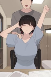age_difference arms_up black_hair breasts closed_eyes clothing daughter desk father father_and_daughter female human human_female imminent_sex incest light_skin male older_male original original_character pepper0 shirt stretching younger_female