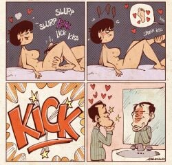 albo annoyed annoyed_expression comic eating_pussy jucika jucika_(comic) kicked_in_the_face kicking licking_feet licking_foot