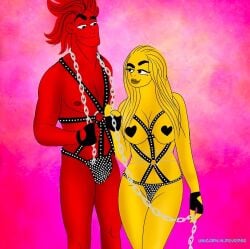 blonde_hair breasts bulge chain hera_(lore_olympus) hermes_(lore_olympus) kinky leash leather leather_clothing long_hair lore_olympus nipple_covers red_hair red_skin seductive seductive_look smirk thong yellow_skin