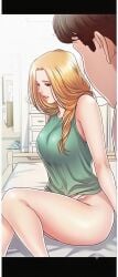 blonde fair_skin hot_female pornwha sitting_on_bed sleeveless