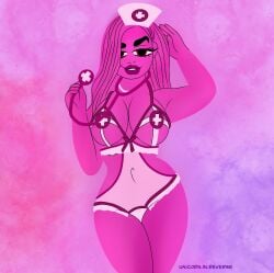 big_breasts breasts kinky long_hair lore_olympus medical medical_play nurse nurse_cap nurse_uniform persephone_(lore_olympus) pink_hair pink_skin smirk stethoscope
