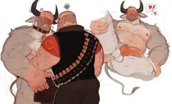 anal anal_sex anger_vein arm_hair ass_juice blowing_air blush chest_hair clothed_sex cow_boy cow_ears cow_horns cow_tail fur furry_male gay gay_sex heavy_(team_fortress_2) heavycest knot knotted_penis leg_lift lifting_leg loincloth lube male_nipples minotaur nipples pleasure_face spread_legs team_fortress_2 yaoi