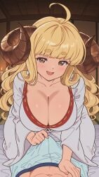 ai_assisted ai_generated anila_(granblue_fantasy) big_breasts blonde blonde_female blonde_hair breasts brown_eyes bulge cleavage curvy curvy_body curvy_female draph draph_race_(granblue_fantasy) girl_on_top goat_horns granblue_fantasy horns huge_breasts kimono large_breasts long_hair looking_at_viewer male_pov moonwool_branch open_mouth pov seductive seductive_eyes seductive_look seductive_mouth seductive_pose seductive_smile smile smiling thick_ass thick_thighs thighs uncensored yellow_eyes