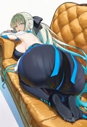 ai_generated ass ass_focus big_ass big_breasts blue_eyes breasts couch fate/grand_order fate_(series) feet gray_hair lying_down morgan_le_fay_(fate) ribbon sofa staring_at_viewer stockings very_long_hair