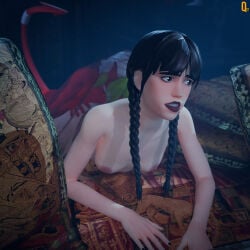 1girls 1male 3d blender demon_boy fortnite licking_pussy qstt the_addams_family torment_(fortnite) wednesday_addams wednesday_addams_(fortnite)