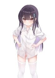 >:( 1girl :t absurdres black_hair bottomless colored_inner_hair hair_ornament hands_on_own_hips highres long_hair looking_at_viewer multicolored_hair naked_shirt original purple_hair pussy shirt short_sleeves sidelocks thighhighs uncensored v-shaped_eyebrows variant_set white_background white_shirt white_thighhighs x_hair_ornament zhai_mi_xing_hui