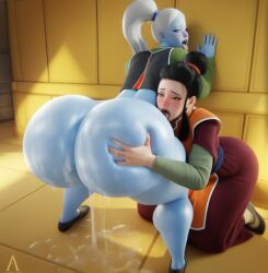 2girls ai_generated anilingus ass_focus black_hair blue_skin chi-chi_(dragon_ball) dragon_ball dragon_ball_super drool from_behind grabbing_ass hair_bun huge_ass large_ass licking looking_back niduscharger open_mouth ponytail saliva staff thick_thighs tongue_out vados vados_(dragon_ball) wet white_hair wide_hips
