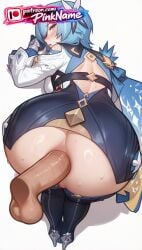 1girl 2026 ai_generated artist_name ass blue_hair blush eula_(genshin_impact) genshin_impact hi_res high_quality highres patreon patreon_username pinkname solo_focus sweat watermark