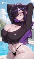 1girl 1girls absurd_res absurdres ai_generated arms_behind_head arms_up ass big_ass big_breasts bikini bikini_bottom_only black_bikini black_framed_eyewear black_hair black_shirt blue_sky blurred_background blurry blurry_background blush breasts cartoon cartoony cleavage cleavage_cutout clothing_cutout cloud colored_inner_hair cowboy_shot crop_top curvy day depth_of_field female female_focus glasses goddess_of_victory:_nikke grin hair_over_one_eye hi_res high_quality high_resolution highres huge_breasts label_(nikke) large_ass large_breasts long_hair long_sleeves looking_at_viewer mole mole_on_breast multicolored_hair navel nikke odexai outdoors parted_lips pool purple_eyes purple_hair shirt skindentation small_waist smile solo solo_focus stomach straight swimsuit thick_thighs thighs thin_waist two_tone_hair video_game video_game_character video_games water wet wet_clothes wide_hips