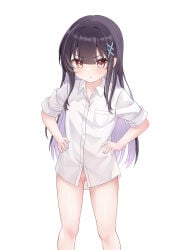 >:( 1girl :t absurdres black_hair bottomless colored_inner_hair hair_ornament hands_on_own_hips highres long_hair looking_at_viewer multicolored_hair naked_shirt original purple_hair pussy shirt short_sleeves sidelocks uncensored v-shaped_eyebrows variant_set white_background white_shirt x_hair_ornament zhai_mi_xing_hui