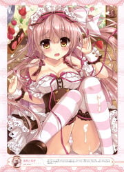 1girl ameto_yuki blonde_hair breasts detached_sleeves dress female female_only frilled_dress frills hair_ornament hair_ribbon headdress highres large_breasts long_hair maid_headdress original panties sitting skirt_lift solo thighhighs