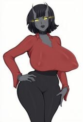 1girl ai_generated big_breasts black_pants cleavage demon demon_girl gray_skin horns horny oc original original_character red_shirt short_hair smile standing yellow_eyes