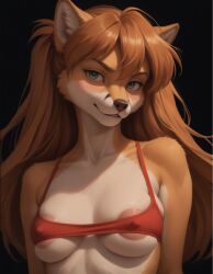 1girls ai_generated anthro areola_slip asuka_langley_sohryu big_breasts black_background blue_eyes comfyui female fox furry large_areolae looking_at_viewer mostly_nude neon_genesis_evangelion nipple_bulge portrait red_bra self_upload simple_background skindentation twintails undersized_clothes upper_body