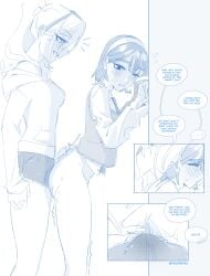 2girls absurdres against_wall alien_stage blush bob_cut bulge commentary denim denim_shorts earrings english_commentary erection erection_under_clothes eyewear_on_head futa_with_female futanari hairband highres jewelry long_hair mizi_(alien_stage) monochrome multiple_girls ponytail shirt short_hair shorts skeebeedick sua_(alien_stage) sweater_vest