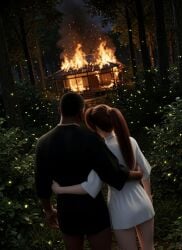 1boy1girl 1girl1boy 3d ai ai-created ai_art ai_assisted ai_generated arm_around_waist asian_female back_to_viewer back_view black_male burning_house carl_johnson choker couple couple_(romantic) crossover dark-skinned_male dead_or_alive eastern_and_western_character fire fireflies forest forest_background gangster gold_chain gold_jewelry gold_necklace grand_theft_auto grand_theft_auto:_san_andreas holding_each_other holding_partner in_love interracial japan jewelry kasumi_(doa) koei_tecmo kunoichi leaning_on_partner leaning_on_person light-skinned_female looking_at_view loving_couple muscular muscular_male night nighttime ninja ninja_gaiden ponytail robe robes rockstar_games romance romantic romantic_ambiance romantic_couple romantic_night shadow shadows side_by_side standing tatami tatami_room team_ninja wowzerspowzers