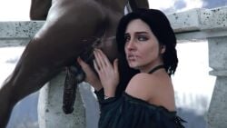 1boy 1girls 3d anilingus anus balcony big_penis black_hair cd_projekt_red choker closed_eyes dark-skinned_male dark_skin eating_ass female handjob interracial kaer_morhen leeterr light-skinned_female light_skin male male_ass mascara masturbating_other necklace nude_male outdoors penis penis_grab rimjob rimming rimming_male saliva saliva_trail testicles the_witcher_(series) the_witcher_3:_wild_hunt yennefer