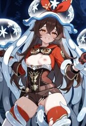 ai_generated amber_(genshin_impact) crossover defeated empty_eyes exposed_breasts genshin_impact hoipo hoyoverse hypnotized mind_control nihilego pokemon restrained_by_tentacles smile tentacle_in_pussy