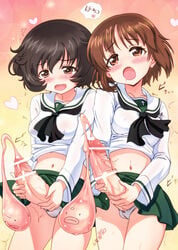 2girls akiyama_yukari blush brown_eyes brown_hair cameltoe censored condom condom_filling cum ejaculation futanari girls_und_panzer hamoto highres intersex masturbation multiple_girls mutual_masturbation navel nishizumi_miho open_mouth panties penis short_hair underwear