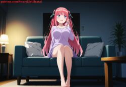 1girl :d ai ai-created ai_art ai_generated anime anime_character anime_girl anime_style apartment bare_legs barefoot black_ribbon blue_eyes blunt_bangs butterfly_hair_ornament couch feet feet_fetish go-toubun_no_hanayome gotoubun_no_hanayome hair_ornament hair_ribbon hand_up hentai holding_object holding_phone indoor inside lamp large_breasts legs long_hair long_hair_female long_sleeves nail_polish nino_nakano on_couch open_mouth pajamas pink_hair pink_nails plant purple_dress purple_shirt quintessential_quintuplets ribbon sitting sitting_on_sofa smile sofa solo table talking_on_phone toenail_polish toes two_side_up very_long_hair