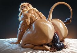 1boy ai_generated all_fours anthro artist_request ass big_ass big_butt bubble_ass bubble_butt daddy dildo dildo_in_ass dilf eyewear felid feline felis furry gay glasses huge_ass huge_butt hyper hyper_ass jewelry lion male_only mature_male muscular muscular_male on_bed sweat sweaty