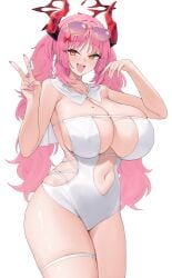 1girls blue_archive blush bow breasts cleavage collarbone eyewear_on_head fangs fingernails hair_bow halo highres horns huge_breasts kuavera long_hair looking_at_viewer mixed-language_commentary mole mole_on_breast nail_polish navel one-piece_swimsuit open_mouth orange_eyes pink_hair pink_nails red_halo red_horns satsuki_(anniversary_swimsuit)_(blue_archive) satsuki_(blue_archive) simple_background smile solo stomach sunglasses swimsuit teeth thighs twintails v white_background white_one-piece_swimsuit